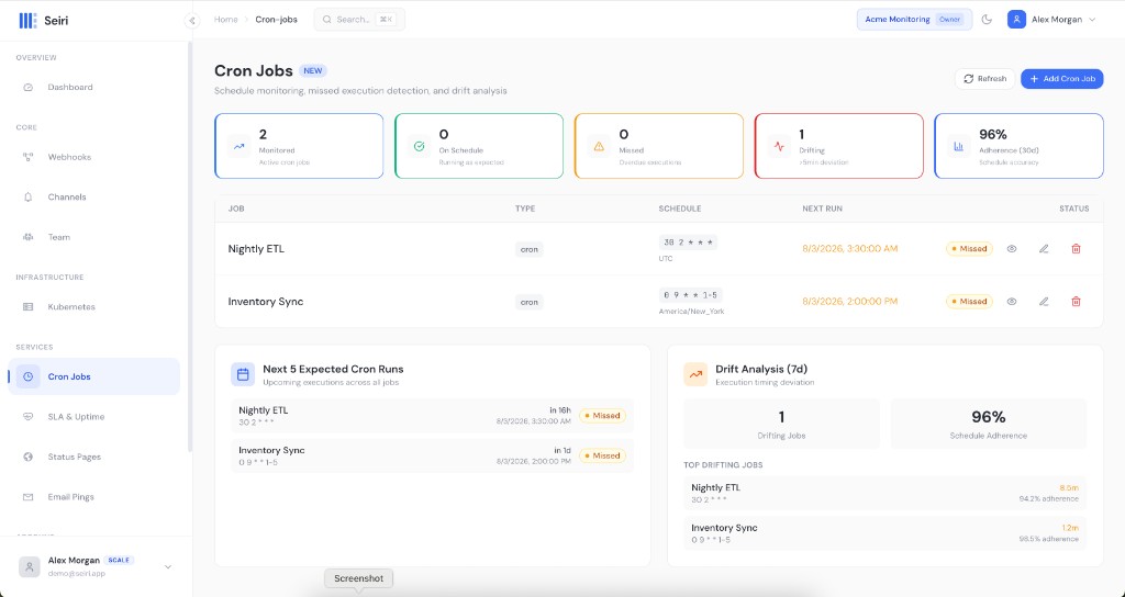 Cron Jobs page in Seiri
