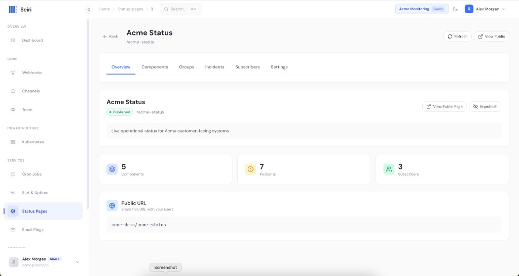 Status page detail in Seiri